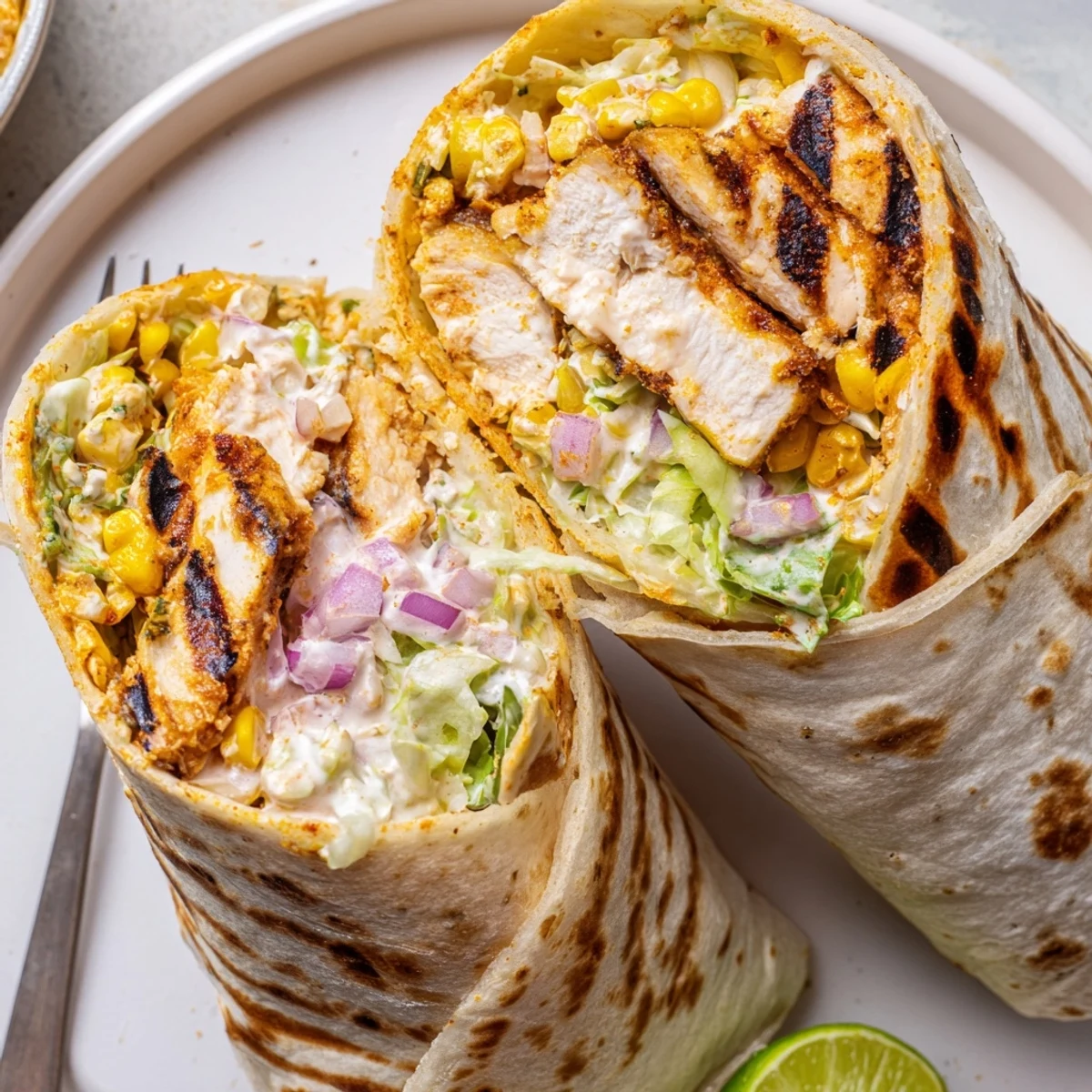 Quick Mexican Street Corn Chicken Wraps sliced, showing creamy corn, Cotija, cilantro