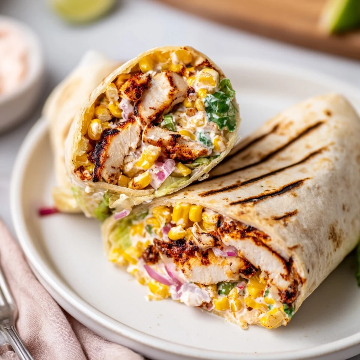 Quick Mexican Street Corn Chicken Wraps warm on plate, crisp lettuce, jalapeño