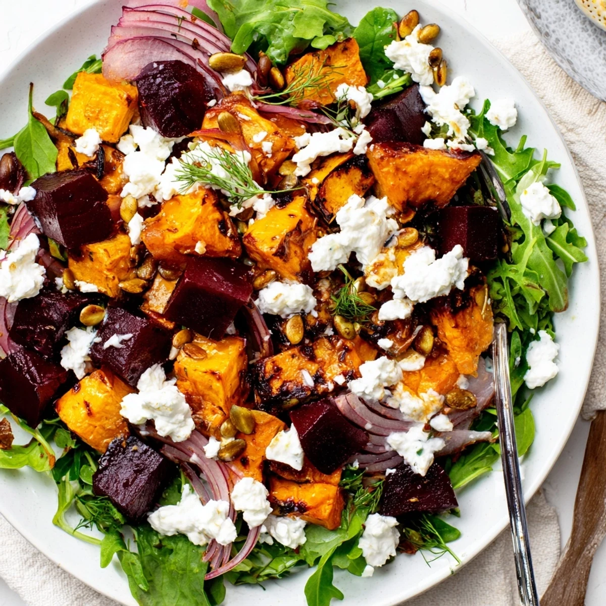 Creamy Roasted Beet Salad With Sweet Potato Feta, warm roasted beets and tangy dressing.