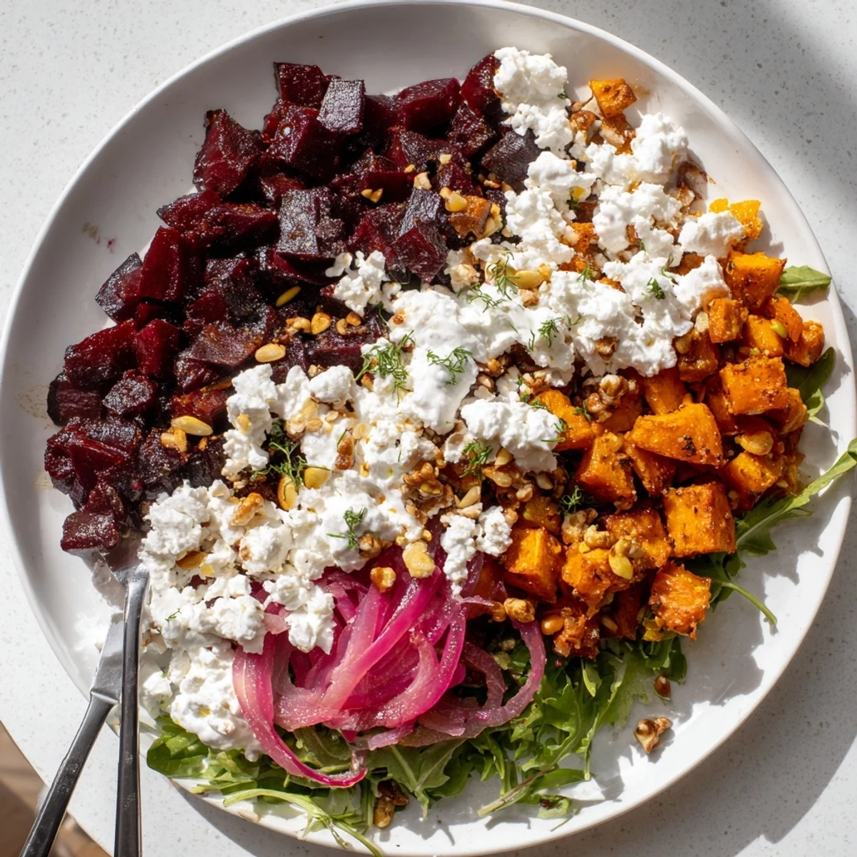Topped with herbs and seeds, Creamy Roasted Beet Salad With Sweet Potato Feta.