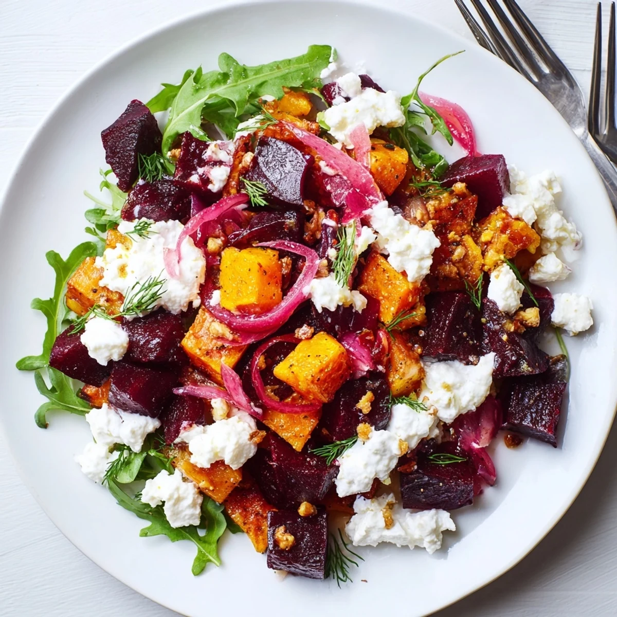 Served warm over arugula, Creamy Roasted Beet Salad With Sweet Potato Feta.
