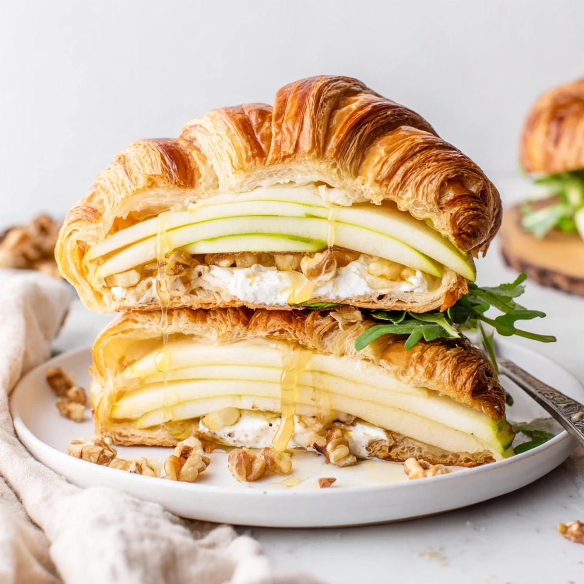 Toasted Apple Goat Cheese Croissant Sandwich served warm with peppery arugula and nuts.