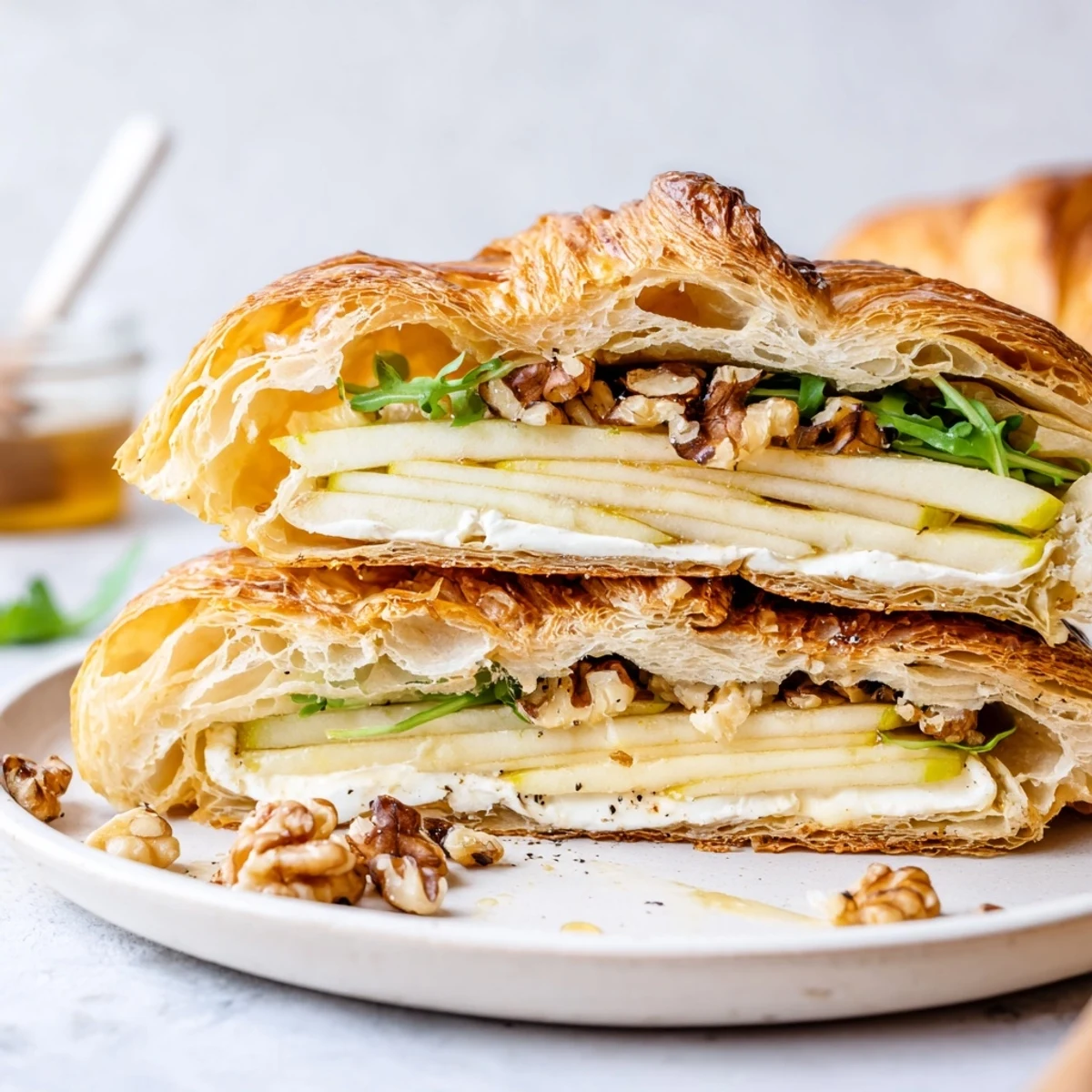 Apple Goat Cheese Croissant Sandwich with buttery flaky pastry, honey, crisp apples.