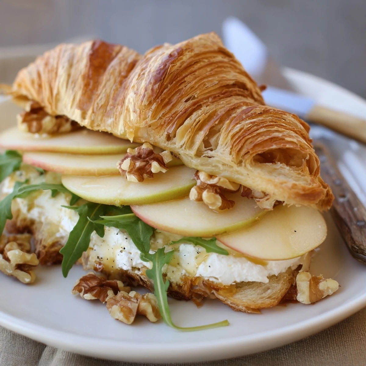 Simple Apple Goat Cheese Croissant Sandwich perfect for brunch, creamy cheese and crunchy apple.