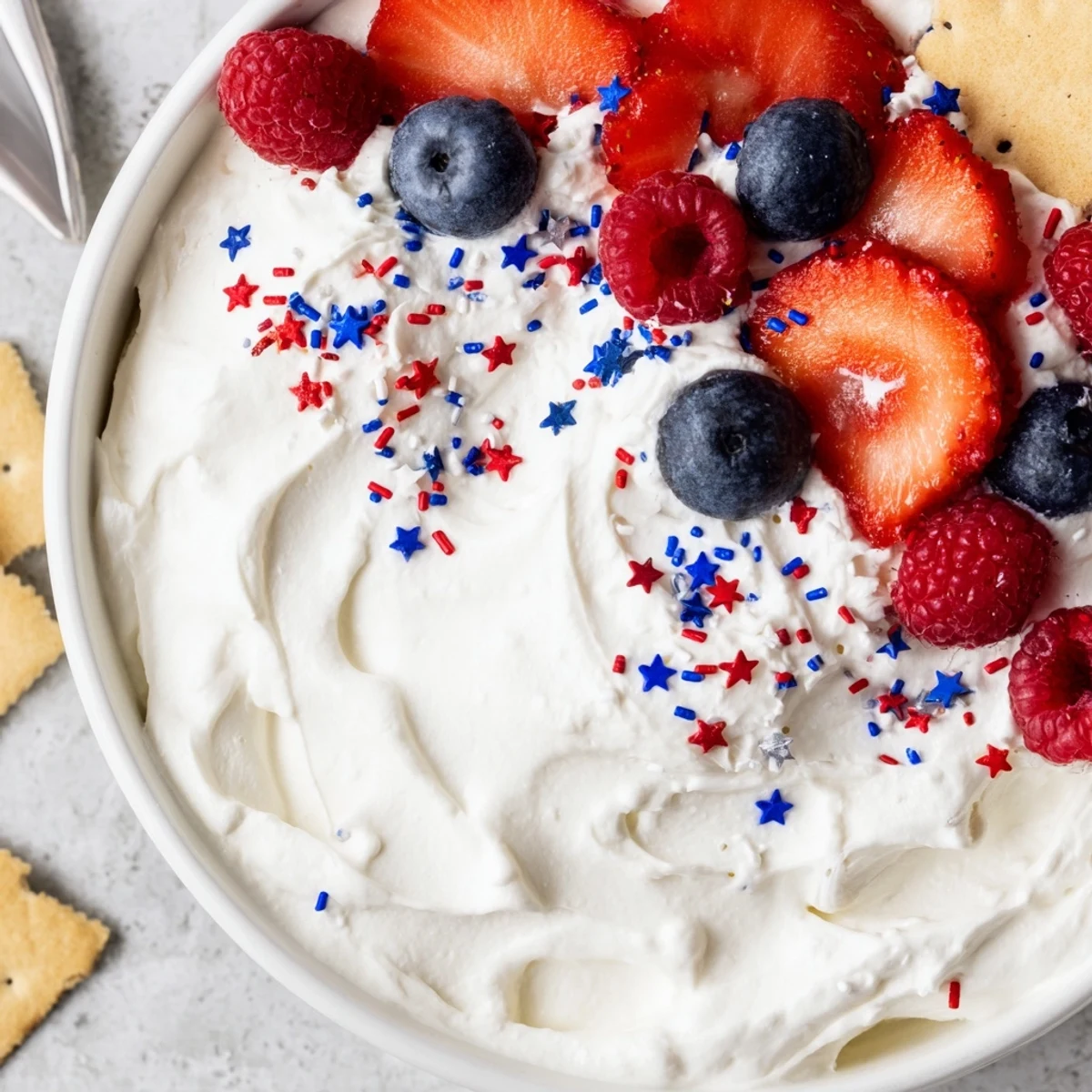 Fluffy Star Spangled Cheesecake Dip garnished with star sprinkles, perfect for summer parties