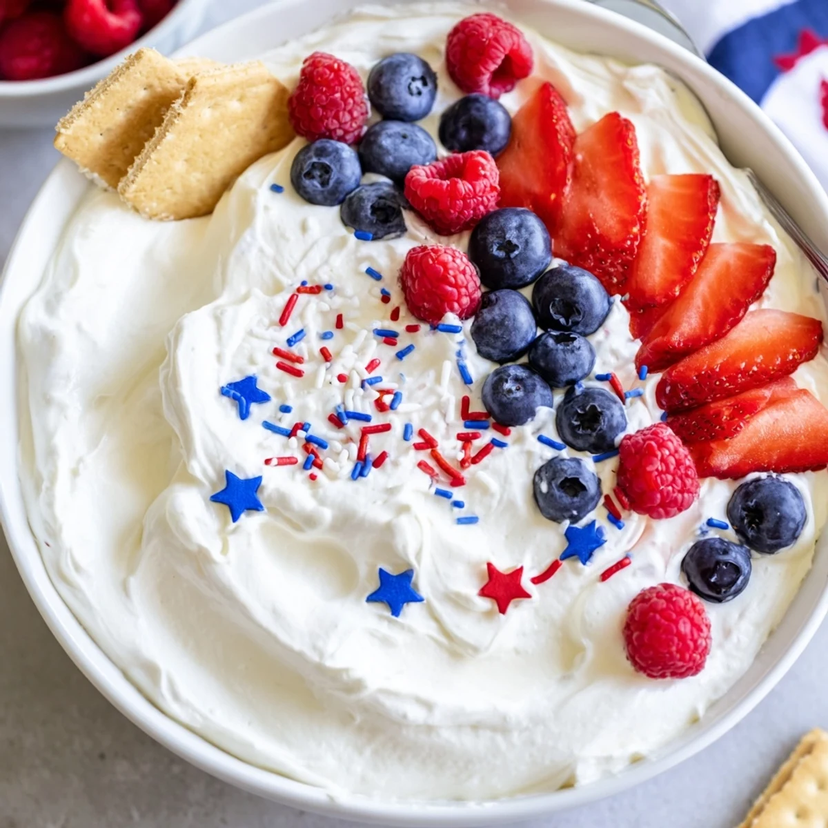 Patriotic Star Spangled Cheesecake Dip arranged in flag pattern with juicy berries