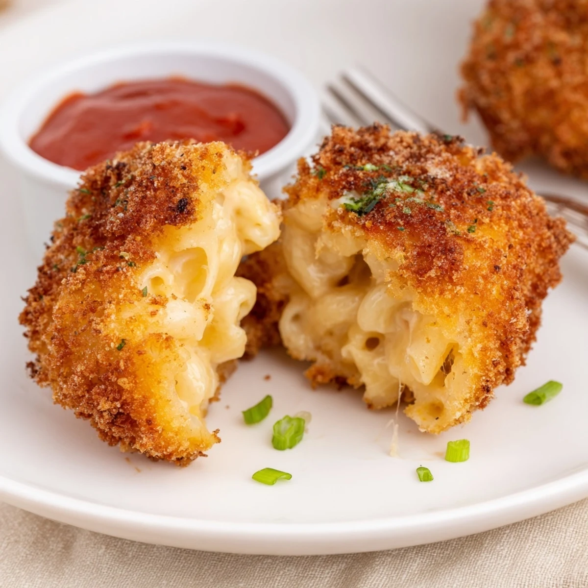 Party ready Fried Mac And Cheese Bites piled on a platter with marinara.