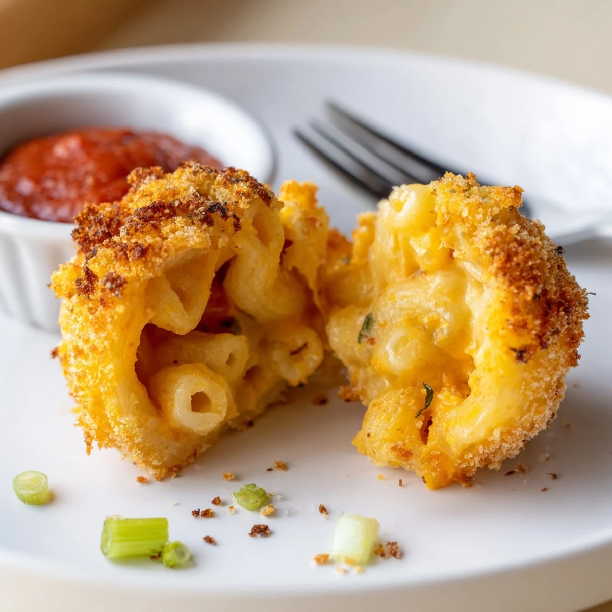 Crisp panko crusted Fried Mac And Cheese Bites oozing creamy interior, ideal appetizer.