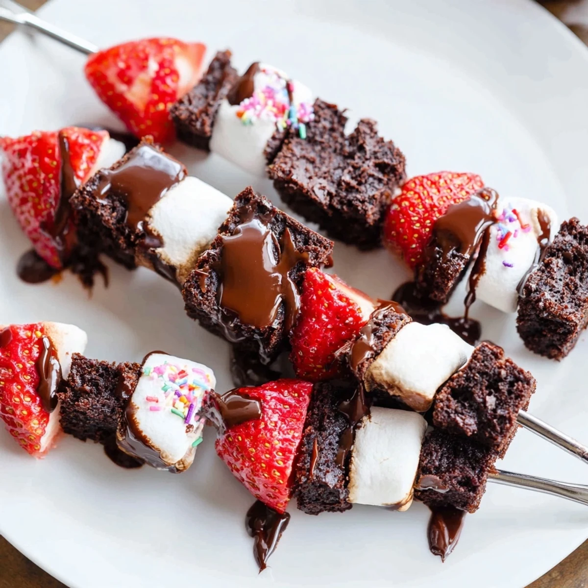 Sweet Strawberry Brownie Kabobs arranged on platter, drizzled with chocolate, vibrant berries.