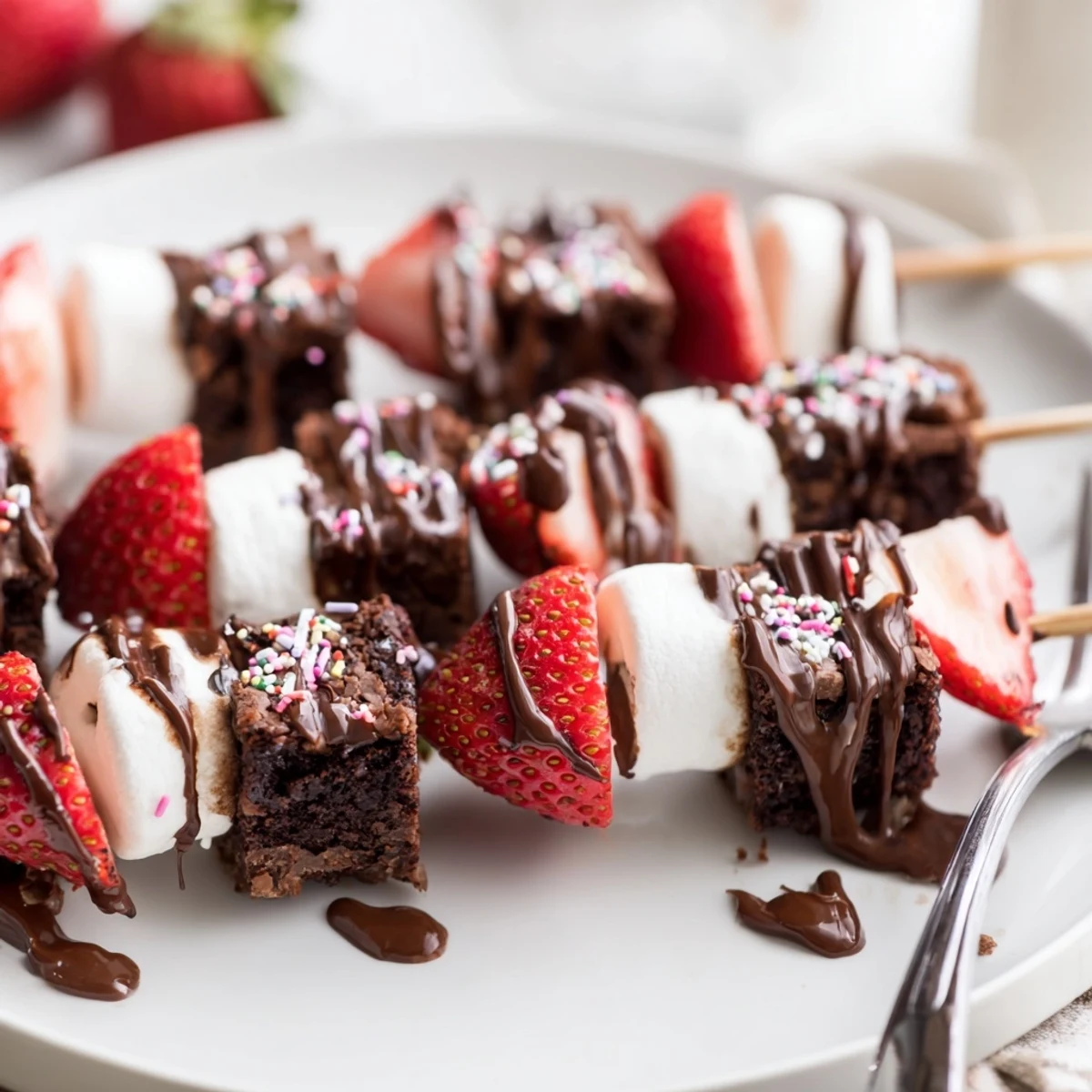 Fudgy Sweet Strawberry Brownie Kabobs with puffy marshmallows and glossy chocolate.