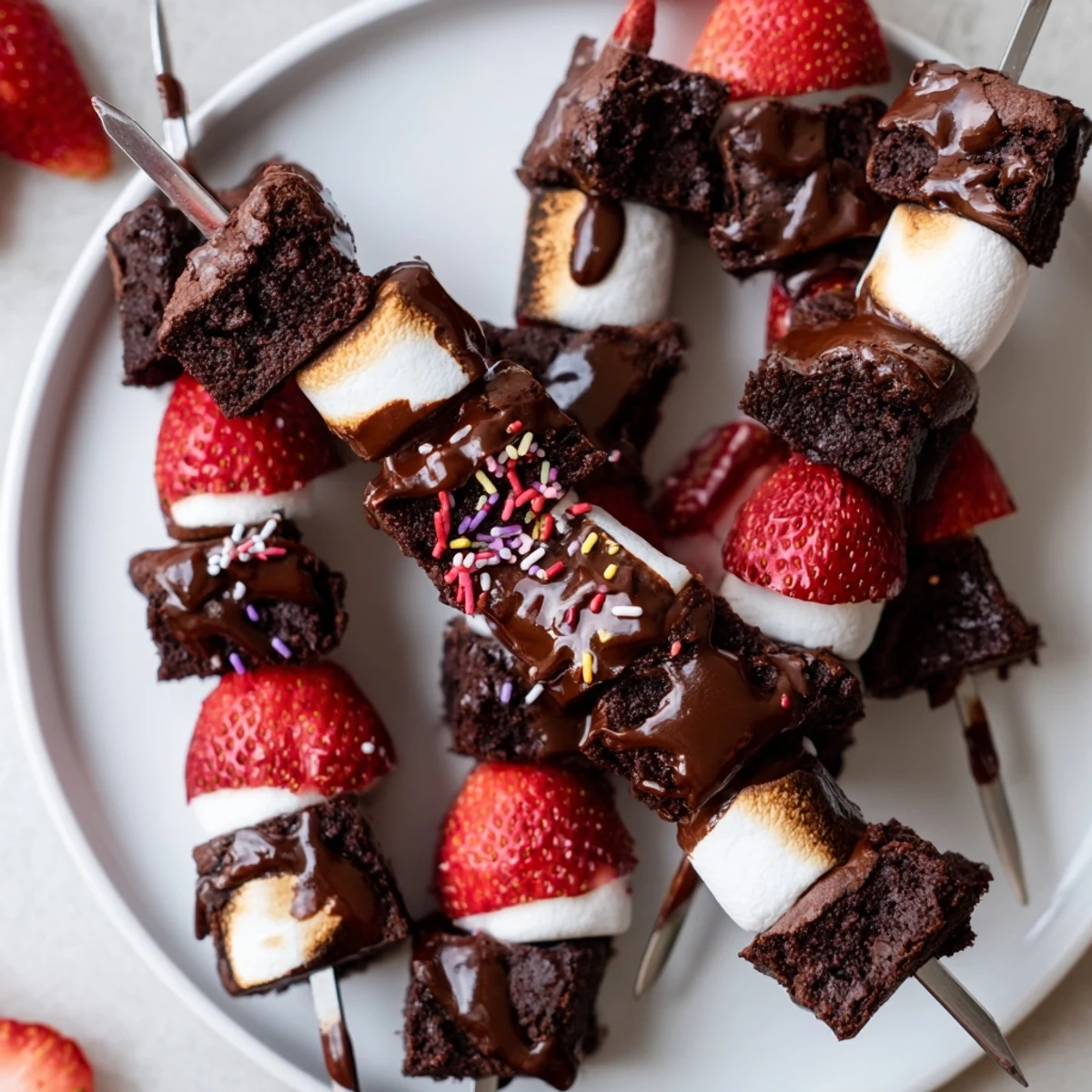 Plated Sweet Strawberry Brownie Kabobs on skewers, perfect for summer parties.