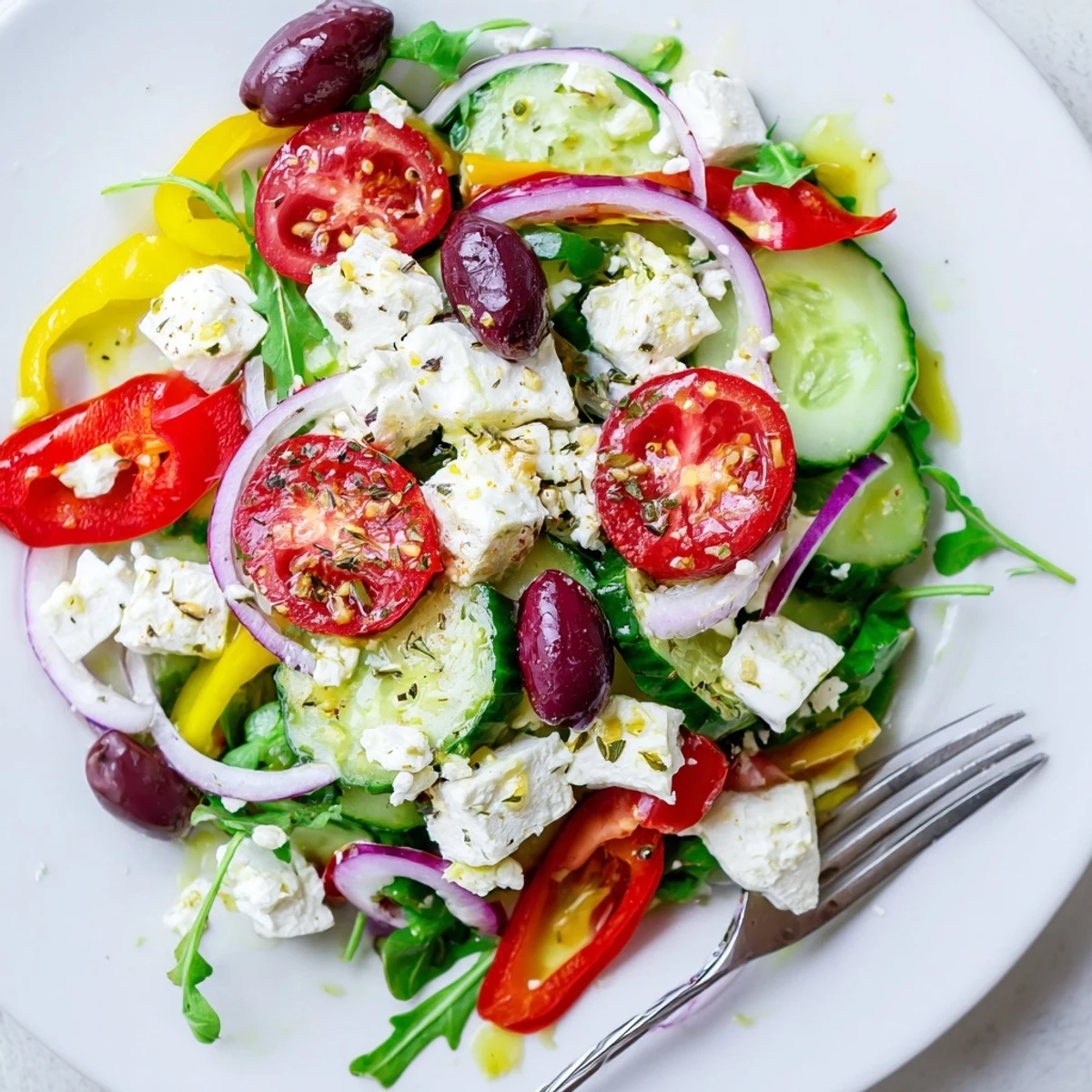 Fresh Salad Recipe in a bowl tossed with peppery arugula, crumbled feta