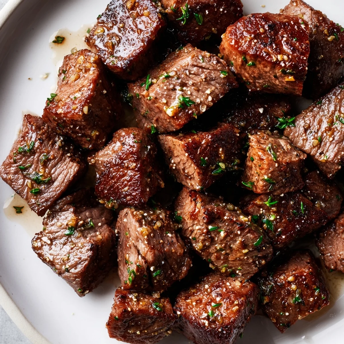 Pan seared Garlic Butter Steak Bites tossed with parsley, ready for crusty bread