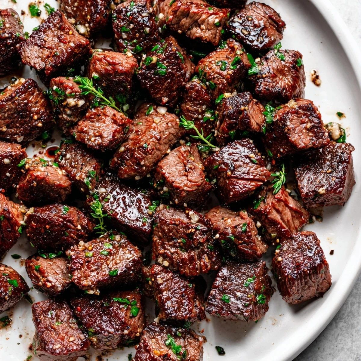 Juicy Garlic Butter Steak Bites served over mashed potatoes for comforting weeknight dinner