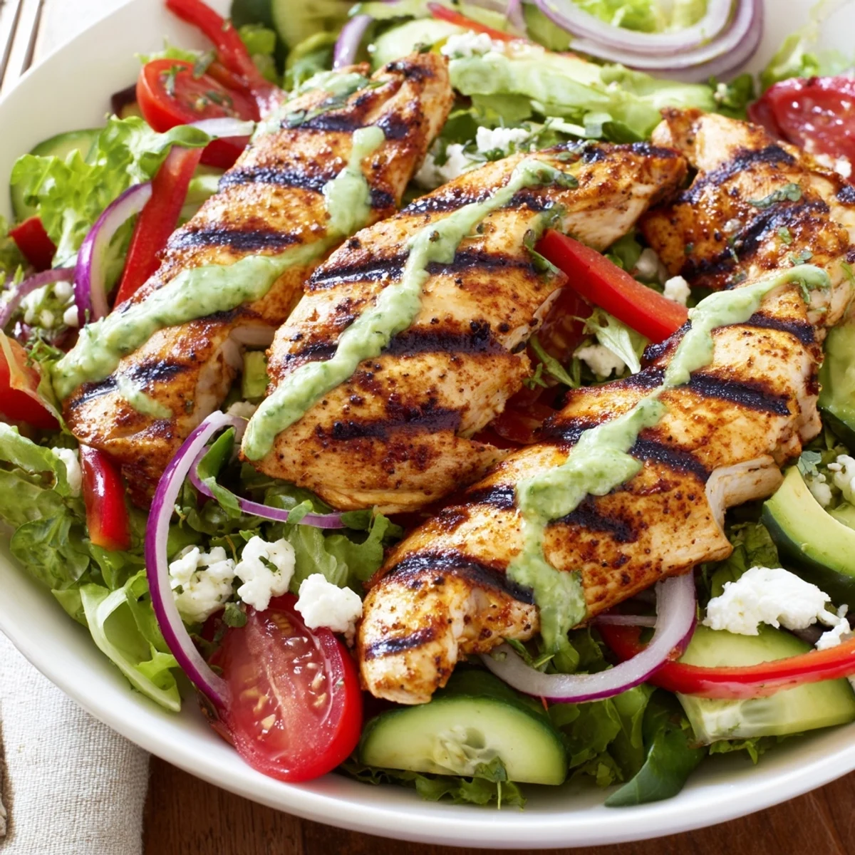 Bright Grilled Chicken Salad Avocado Herb Dressing Recipe drizzled over vibrant tomatoes and cucumber