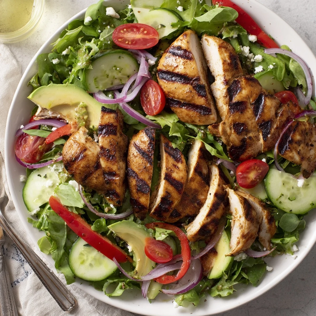 Grilled Chicken Salad Avocado Herb Dressing Recipe with sliced juicy chicken and crisp greens