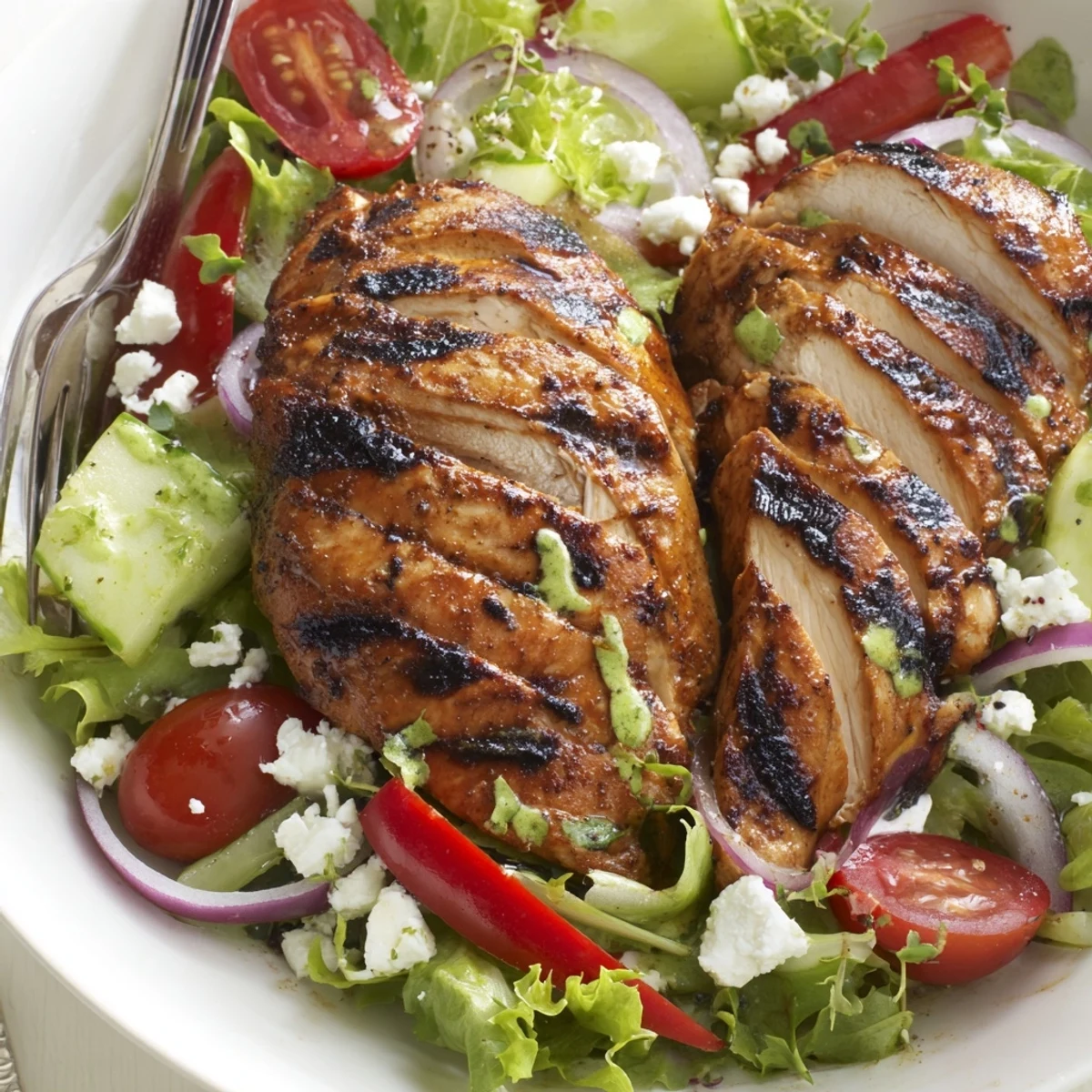 Warm-sliced Grilled Chicken Salad Avocado Herb Dressing Recipe plated for a light lunch