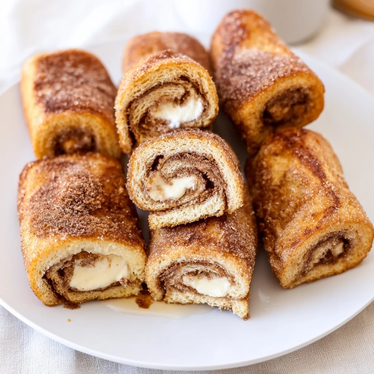 Cinnamon Roll French Toast Roll Ups, golden edges dusted with cinnamon-sugar