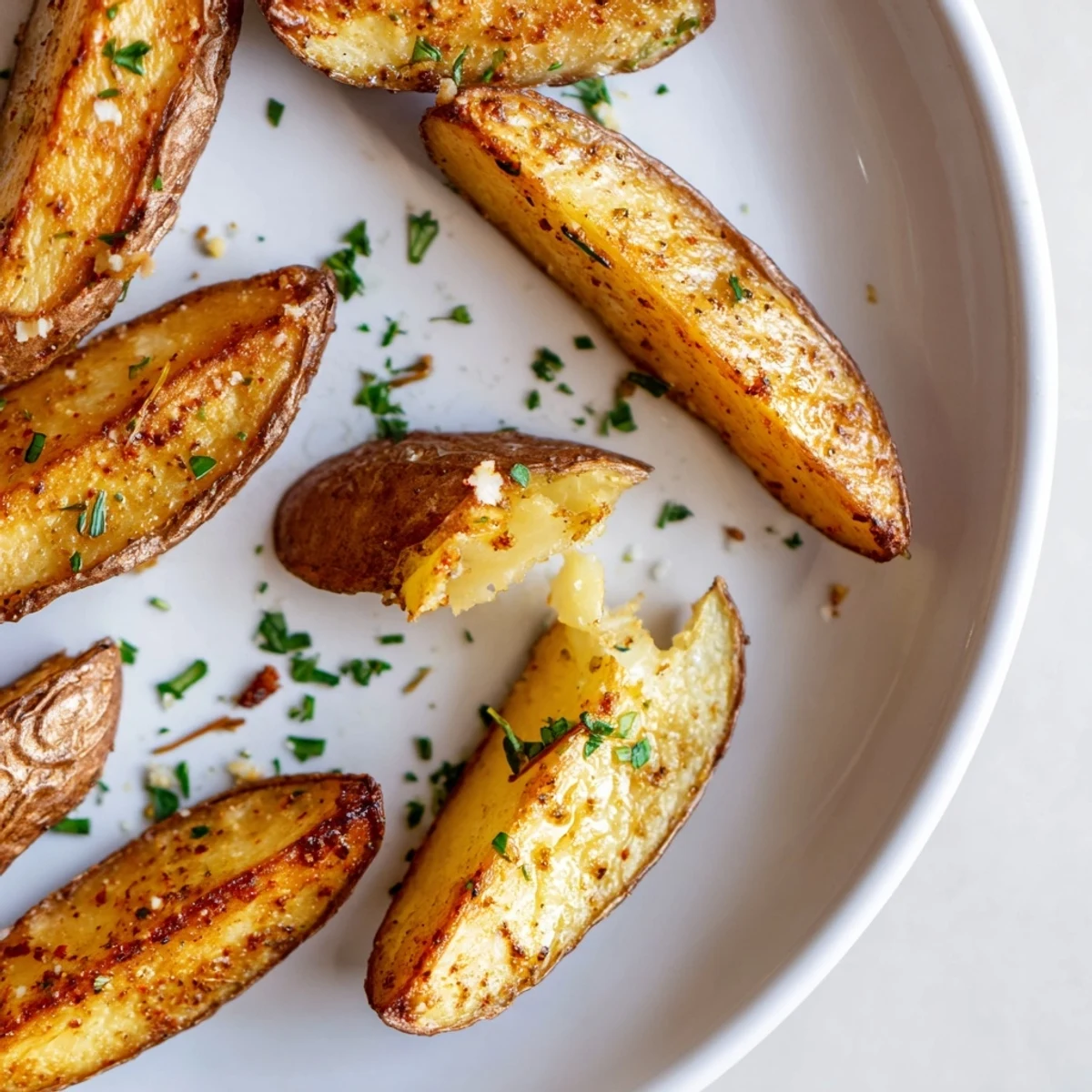 Crispy oven baked Potato Wedges with golden edges, fluffy centers, sprinkled parsley