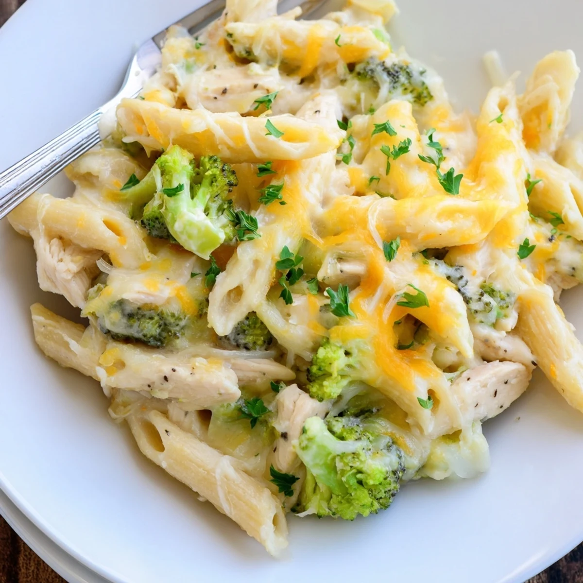Cheesy Chicken Broccoli Alfredo Bake bubbling golden, tender chicken and bright broccoli.  
