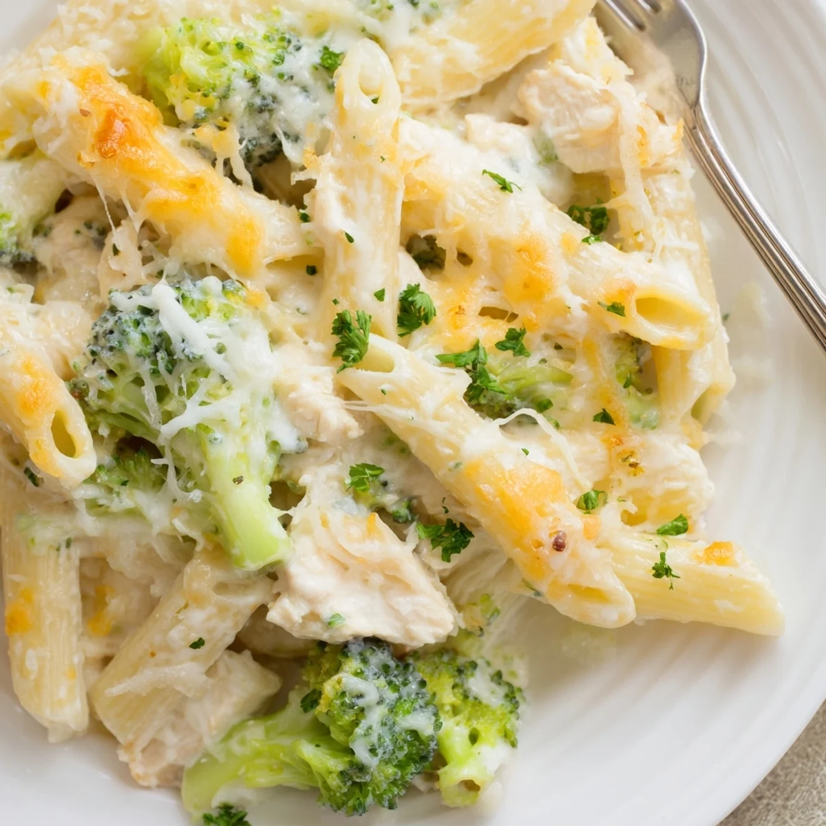 Creamy Chicken Broccoli Alfredo Bake spoonful showing cheesy sauce and tender florets.