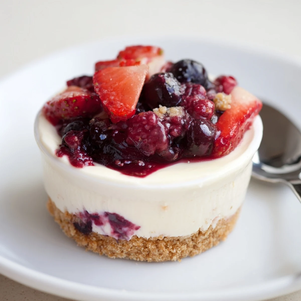 Individual Berry No Bake Cheesecakes chilled in glasses, creamy filling and tangy berries