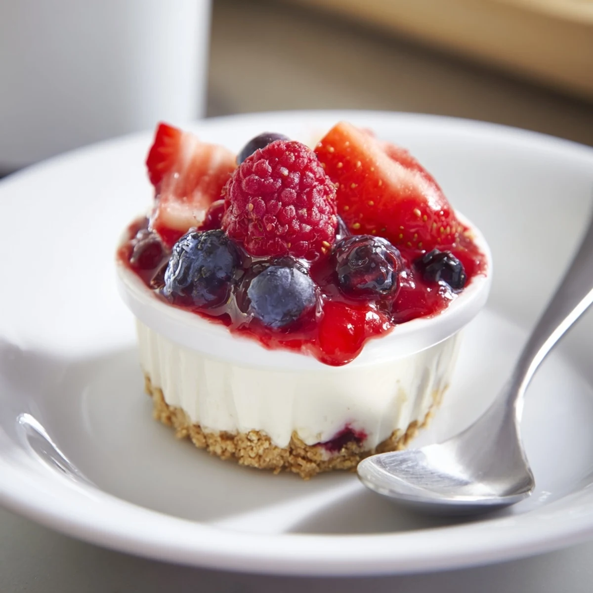 Berry No Bake Cheesecakes layered with glossy berry compote and crunchy graham crust