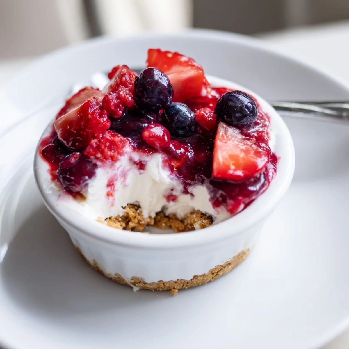 Summer-ready Berry No Bake Cheesecakes topped with juicy mixed berries and lemon zest