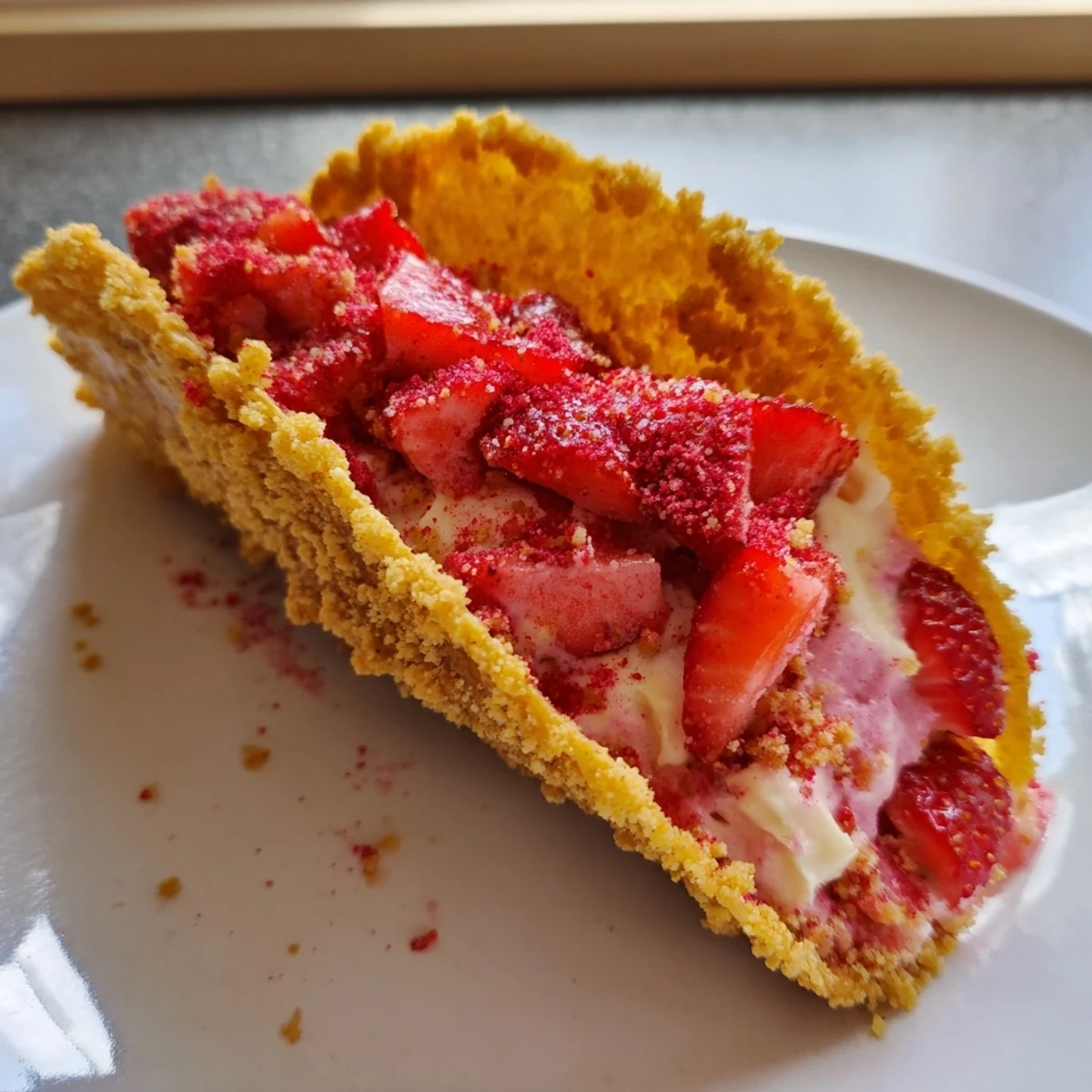 Strawberry Crunch Cheesecake Tacos with golden crispy shells and creamy piped filling
