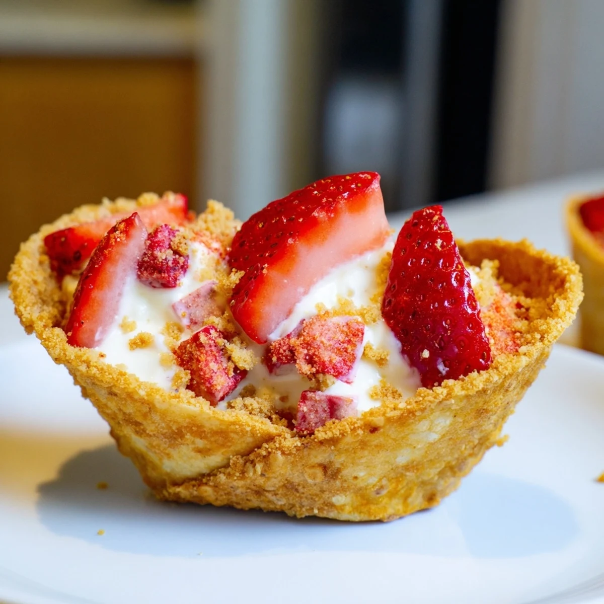 Fresh diced strawberries crown Strawberry Crunch Cheesecake Tacos on a party platter