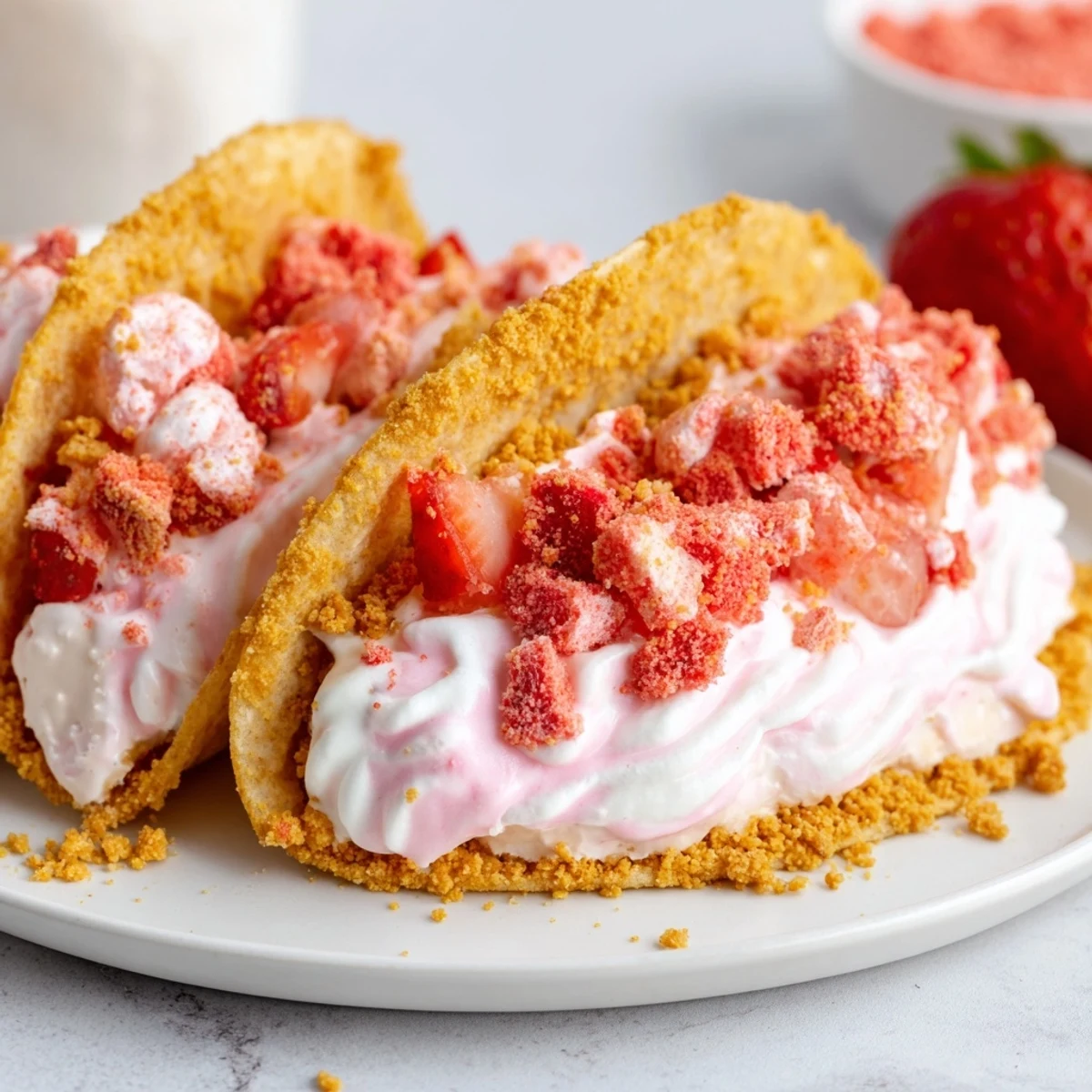 Chilled Strawberry Crunch Cheesecake Tacos show crunchy pink coated rims and velvety filling