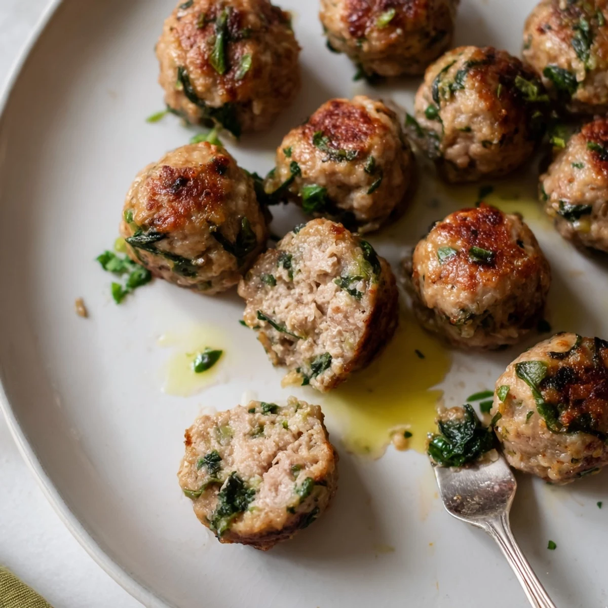 Low Carb Spinach Chicken Meatballs glistening golden-brown with visible spinach flecks on plate