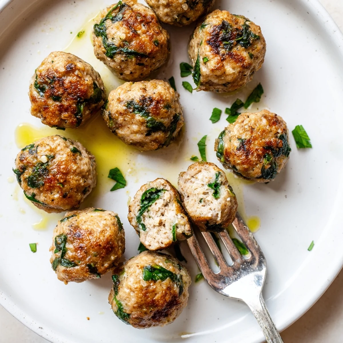 Oven-baked Low Carb Spinach Chicken Meatballs steaming hot, brushed with olive oil and herbs