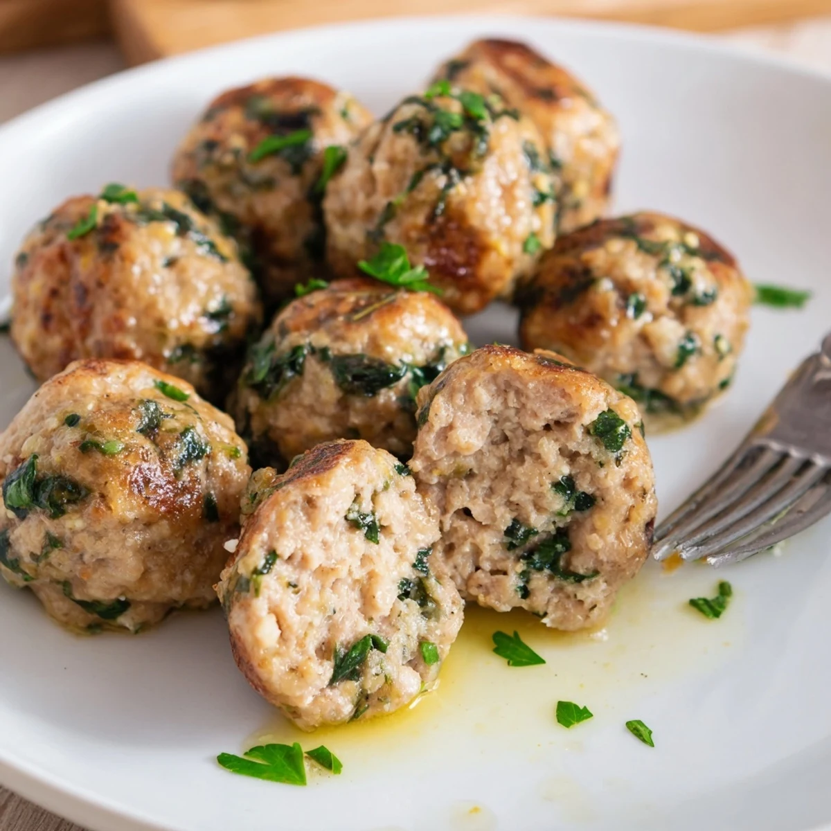 A serving of Low Carb Spinach Chicken Meatballs atop cauliflower rice, fresh parsley garnish