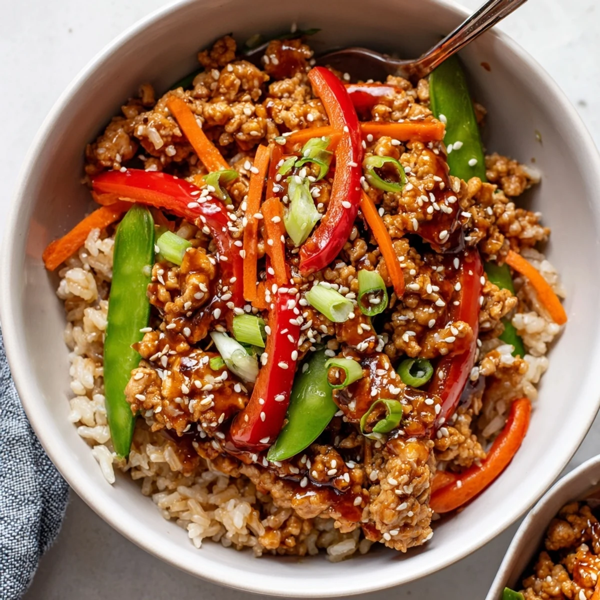 Steam rising from Teriyaki Turkey Rice Bowls with glossy sauce and sesame seeds