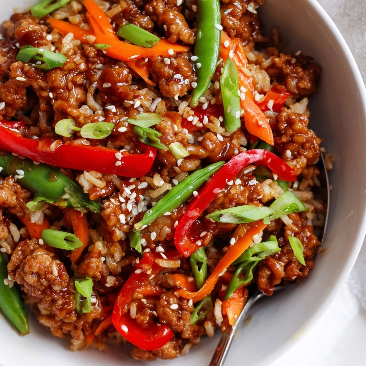 Teriyaki Turkey Rice Bowls topped with crisp vegetables, scallions, and toasted sesame seeds