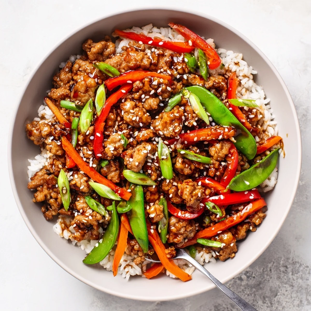 Family-style Teriyaki Turkey Rice Bowls with fluffy jasmine rice and crunchy snap peas