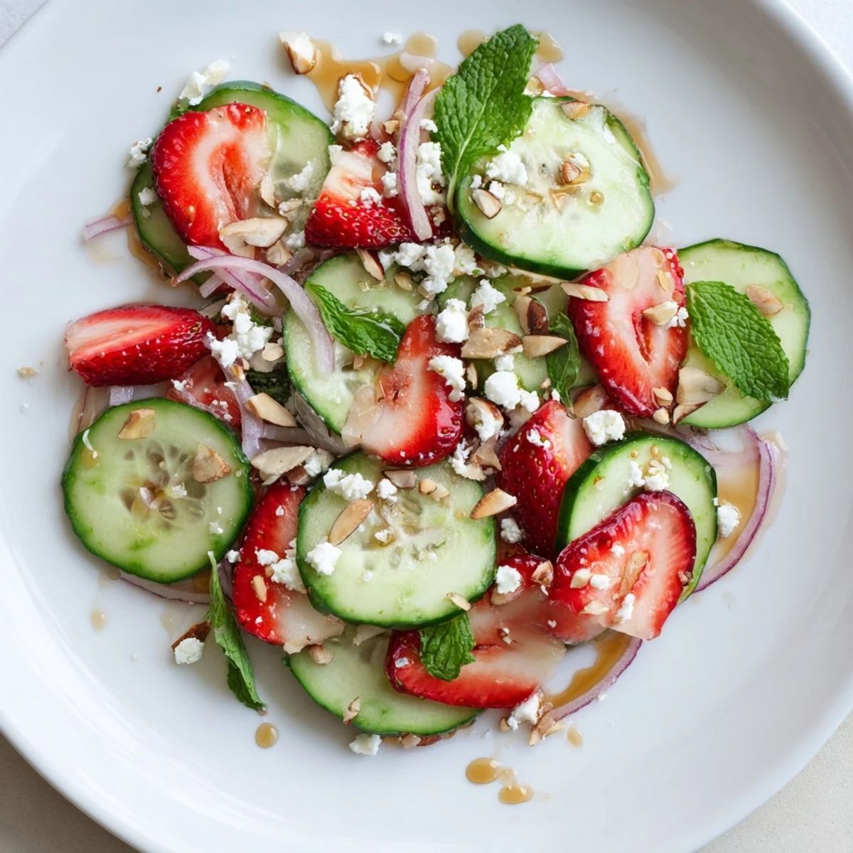 Bright Cucumber Strawberry Salad Recipe tossed in tangy balsamic-honey dressing, summer-ready