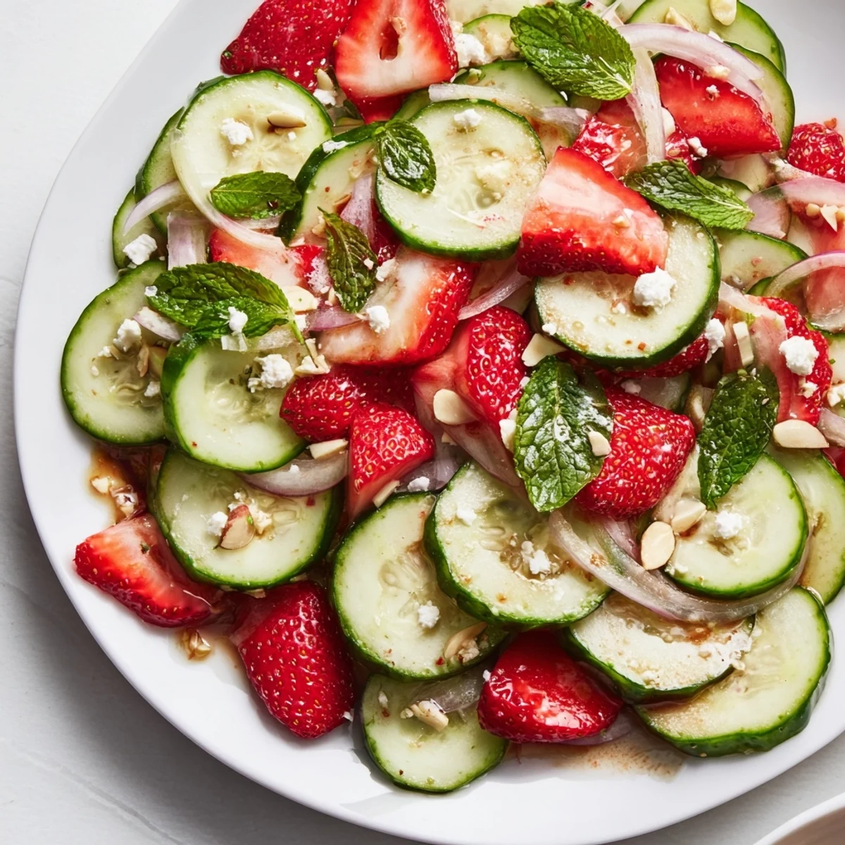 Cucumber Strawberry Salad Recipe with crisp cucumbers, sweet berries, mint and feta