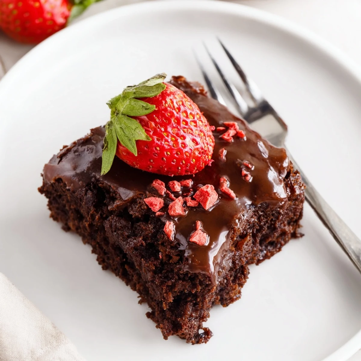 Warm Strawberry Brownies Recipe squares topped with powdered glaze, perfect with whipped cream.