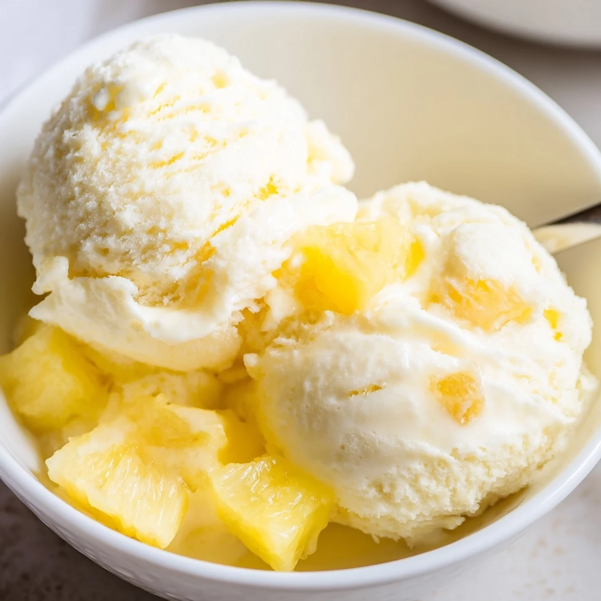 A scoop of Creamy Pineapple Ice Cream glistening, tropical aroma, soft texture