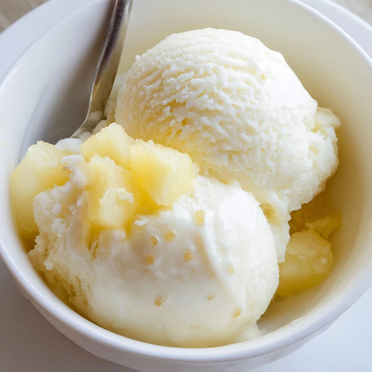 Chilled Homemade Creamy Pineapple Ice Cream topped with toasted coconut and lime