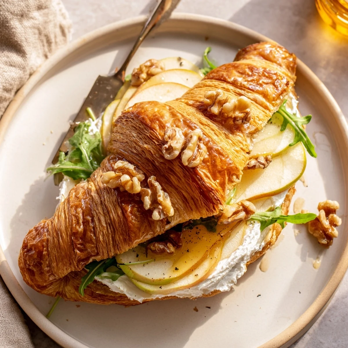 Buttery Apple Goat Cheese Croissant Sandwich with crisp apple slices and arugula