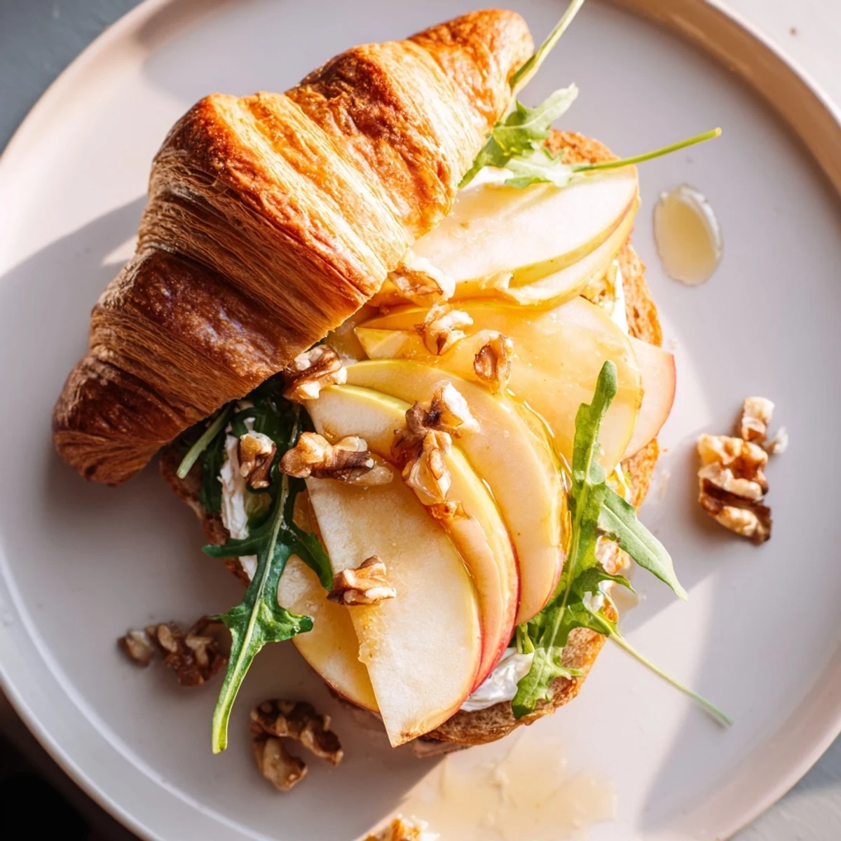 Open Apple Goat Cheese Croissant Sandwich drizzled with honey, walnuts adding crunchy texture