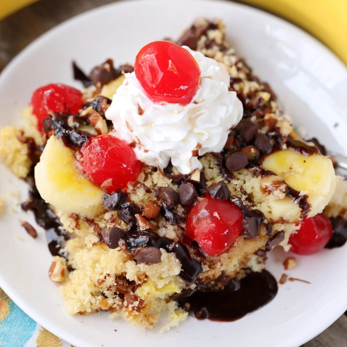 Warm Banana Split Dump Cake bubbling with cherries and melted chocolate, served