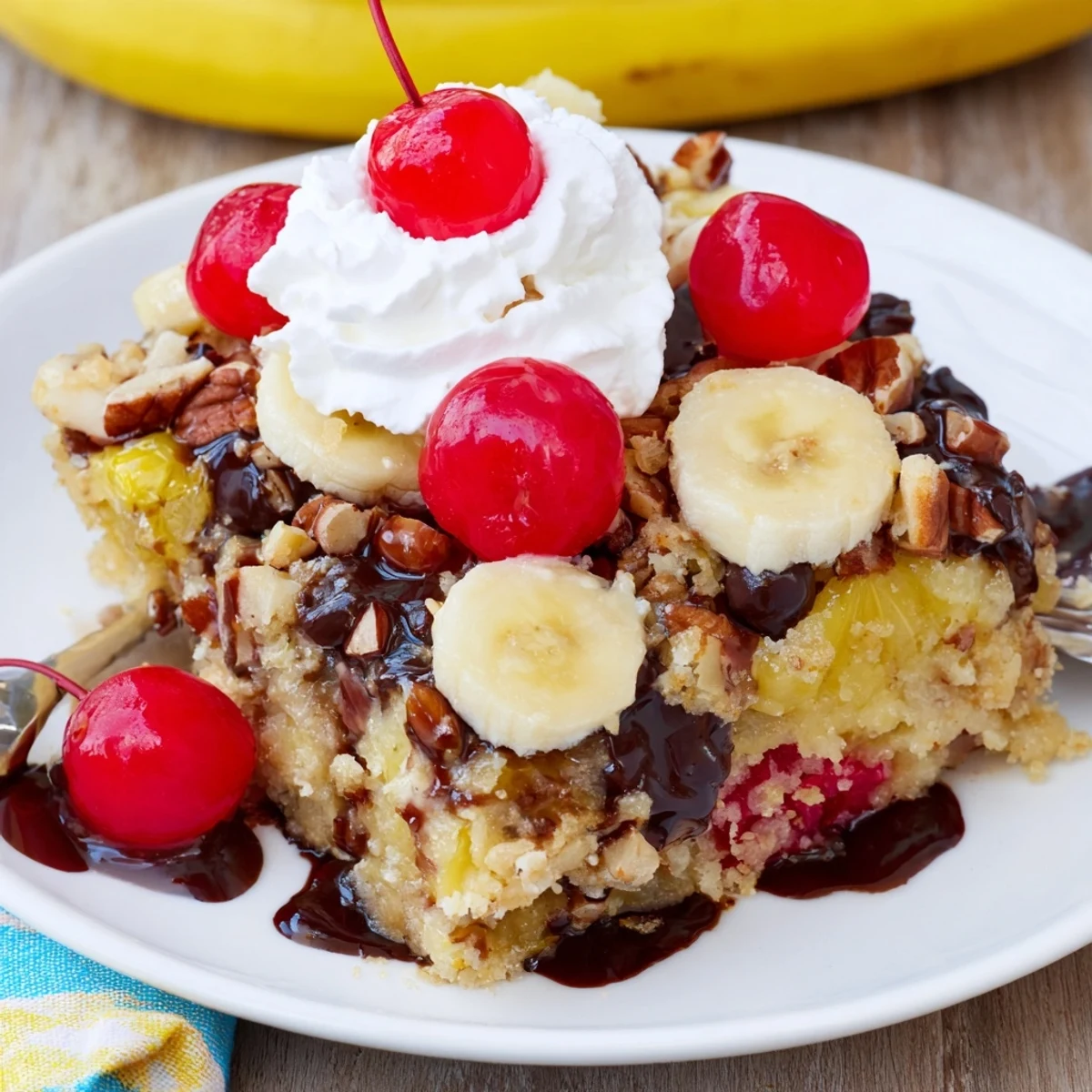 Sliced Banana Split Dump Cake topped with whipped cream and bright cherries