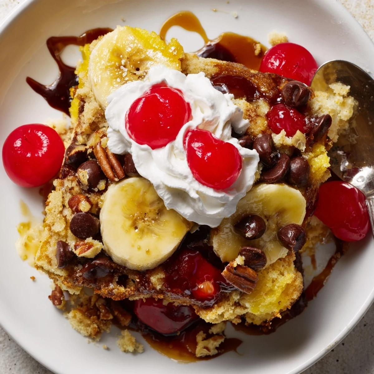 Golden Banana Split Dump Cake cooling in pan, pineapple juices glistening
