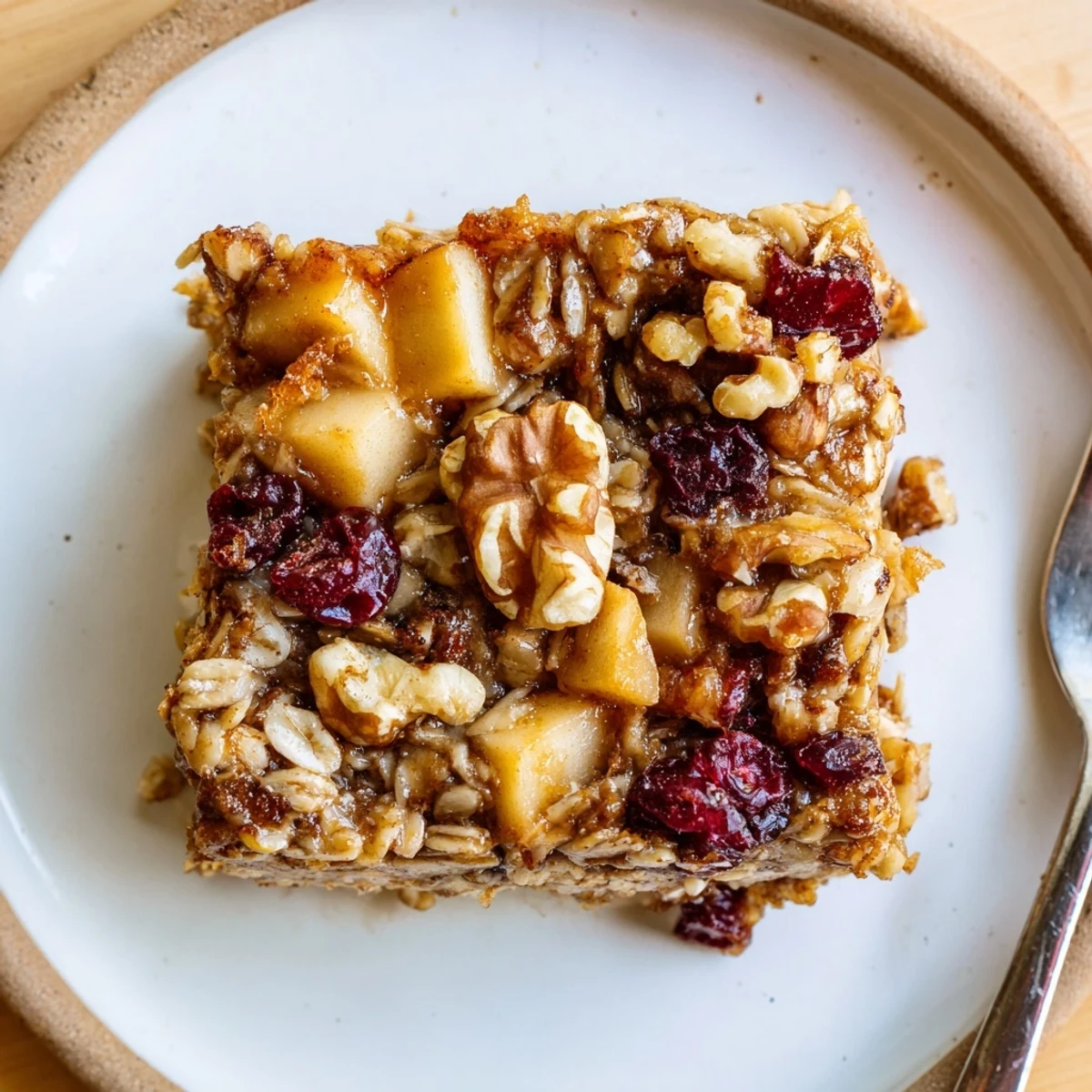 Warm square of Delicious Apple Cinnamon Oatmeal Bake Recipe For Mornings, steaming
