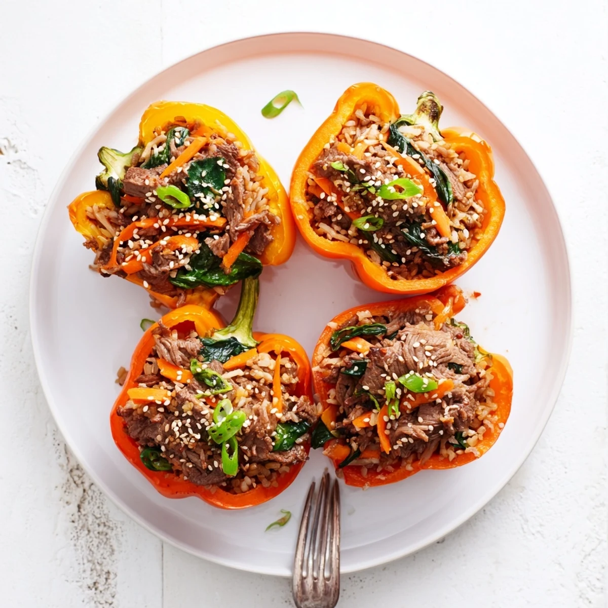 Golden brown Korean beef bulgogi stuffed bell peppers topped with sesame seeds on white plate