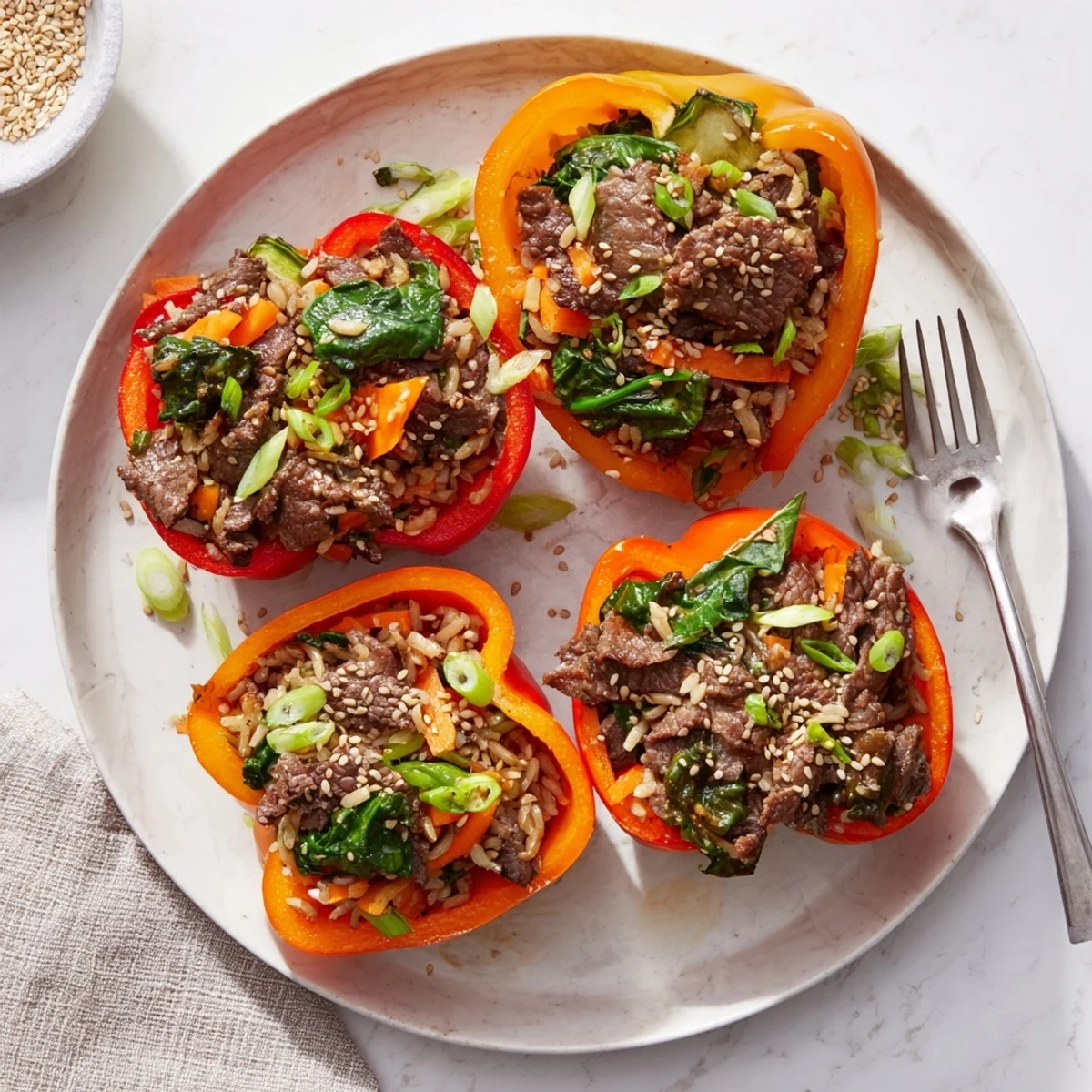 Roasted colorful peppers overflowing with marinated Korean beef and rice garnished with fresh scallions